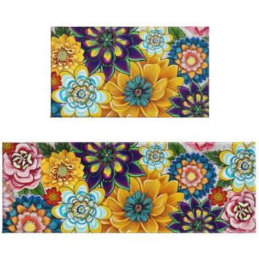 Imagem de Granbey Tapetes e tapetes de cozinha florais Boho para chão, 2 peças, antiderrapante, tapetes de cozinha para chão, fazenda, tapetes de cozinha, tapete de mesa confortável para pia, lavanderia
