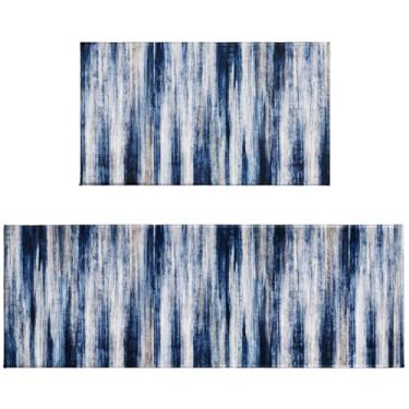 Imagem de Conjunto de 2 tapetes de cozinha azuis e brancos, antiderrapantes, laváveis para chão, azul-marinho, abstrato, tapete de cozinha, tapete para corredor, lavanderia, pia, entrada, banheiro