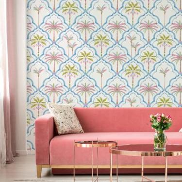 Imagem de ESSMOKO Papel de parede tropical palmeira padrão rosa verde PVC autoadesivo papel de parede loja quarto sala de estar fundo adesivo decorativo de parede rosa azul 45 * 600 cm
