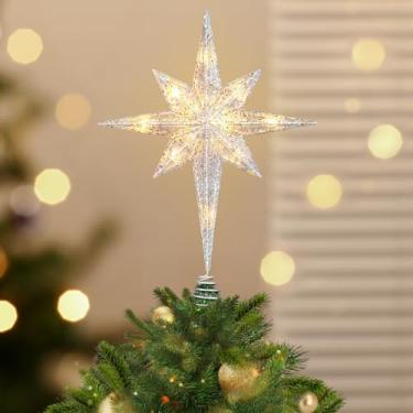 Imagem de Luxspire Topo de árvore de Natal, topo de árvore estrelada iluminado com plugue USB e controle remoto, decoração de Natal de LED de 25,4 cm, enfeite vintage de árvores de Natal para casa, estrela de