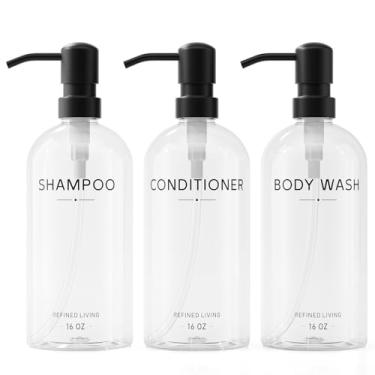 Imagem de Conjunto de dispensador de xampu e condicionador, 3 frascos recarregáveis de 473 ml com bombas de aço inoxidável – Dispensadores de sabão de banho para banheiro, hotel ou Airbnb (transparente, pacote