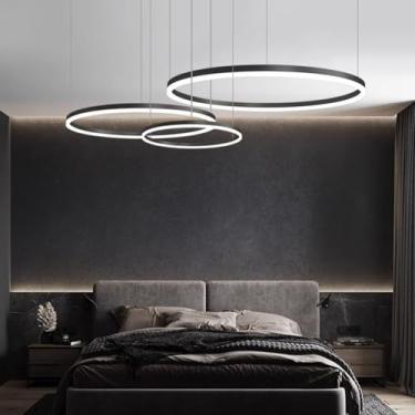 Imagem de Lustre moderno preto com luz pendente regulável para mesa de jantar, luminária de teto redonda com controle remoto para ilha, sala de estar, cozinha, 3 anéis em 60 cm, 80 cm e 100 cm
