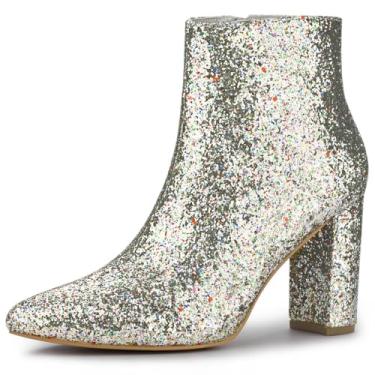 Imagem de Allegra K Botas femininas com bico fino e salto grosso com glitter, Prata, 38
