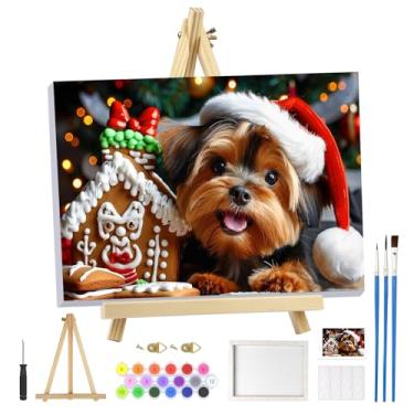 Imagem de MOGTAA Kit de pintura de Natal por números para adultos iniciantes com moldura, kits de pintura de cães de Natal por números em tela com cavalete, kits de pintura a óleo de animais fáceis de fazer