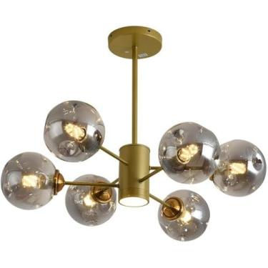 Imagem de Lustre de vidro dourado, lustre de teto com holofote LED, luminária pendente moderna em formato de bola preta e âmbar para sala de estar, sala de jantar, cozinha, quarto, 6 luzes, cinza