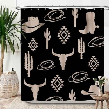 Imagem de Lnepty Cortina de chuveiro ocidental, Farmhouse Country American Wild West Cowboy Retro Bull Skull Southwestern Tribal étnico retrô navajo nativo preto conjunto de acessórios de banheiro com ganchos