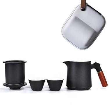 Imagem de Conjunto de chá, conjunto de xícara de chá de cerâmica portátil, conjunto de chá de Kung Fu para viagem, conjunto de bule de cerâmica com cabo de madeira maciça, coador de chá, tampa e 2 xícaras de