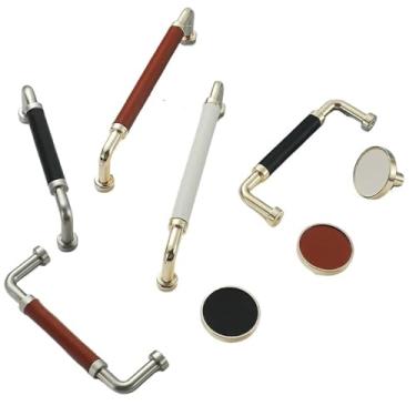 Imagem de CXYFQUUK Puxadores de couro feitos à mão, liga de zinco, maçanetas de gaveta, puxadores de gaveta, puxadores de armário, ferragens de móveis, 2 peças (puxador preto dourado)