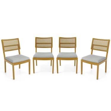 Imagem de Kit Com 4 Cadeiras Milena Madeira Maciça Assentos Estofados Encostos De Tela Palha Sextavada