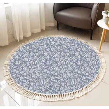 Imagem de Tapete de franja redondo fofo padrão floral flores pequenas textura sem costura elegante para a moda boho tapete de linho tecido à mão pátio corredor tapete decoração de casa sala de estar mesa de