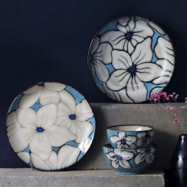 Imagem de Prato de cerâmica retrô para servir tigela de salada redonda profunda combinação criativa flor de lírio padrão desenhado à mão prato azul