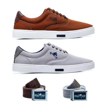 Imagem de Kit 2 Tênis Casual Em Lona + 2 Cintos Polo Joy, Cinza claro, Marrom, 3