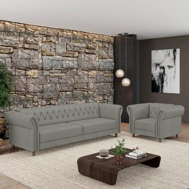 Imagem de Conjunto Sala de Estar 1 Sofá Living 180cm e 1 Poltrona Stanford Chesterfield Pés Madeira Couro Cinza G58 - Gran Belo
