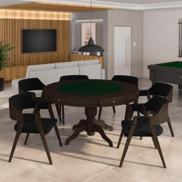 Imagem de Conjunto Mesa de Jogos Carteado Bellagio Tampo Reversível e 6 Cadeiras Madeira Poker Base Estrela Veludo Preto/Capuccino G42 - Gran Belo