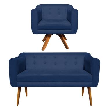 Imagem de Kit 01 Namoradeira 02 Lugares e 01 Poltrona Giratória Julia Suede Azul Marinho Base Madeira MM30 D'Rossi