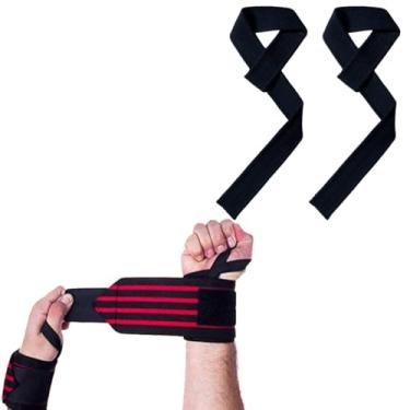 Imagem de Kit Par Munhequeira Elástica + Par Tala Strap 100% Algodão P/Musculação Academia