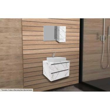 Imagem de Conjunto de Banheiro com Armário e Espelho de 80cm e Balcão Suspenso sem Pia de 60cm, cor Mármore Branco - Tecno Mobili