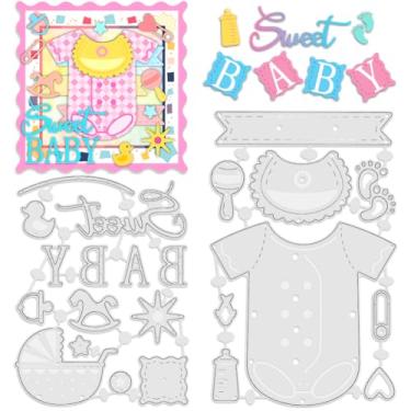 Imagem de INFUNLY Conjunto de 2 elementos de bebê para fazer cartões, babadores de bebê, roupas, matrizes de corte de metal, mamadeiras, carrinhos de bebê, estêncil em relevo para álbum de recortes faça você