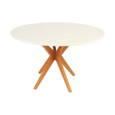 Imagem de Mesa de Jantar Redonda Laqueada Tampo com Vidro Temperado Base Estrela em Madeira Maciça Mel (90 CM)