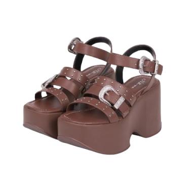 Imagem de Sandália Salto Plataforma Meia Pata Feminina Com Tiras De Couro (Cacau, BR, Adulto, Numérico, 34)