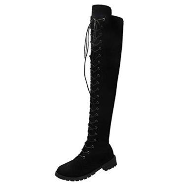 Imagem de Bigfanshu Botas femininas de inverno acima do joelho botas femininas sexy de outono com cadarço frontal salto quadrado sapatos plus size atléticos até o joelho clima frio e botas de pele, Preto, 35 BR