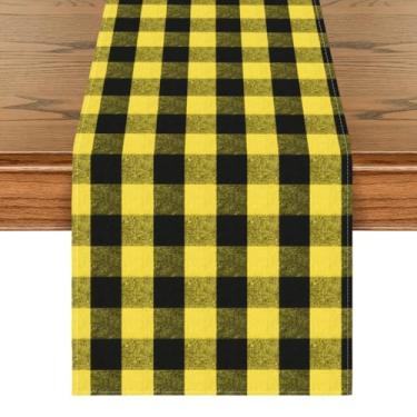 Imagem de Caminho de mesa xadrez de búfalo amarelo e preto, decoração de mesa de cozinha de primavera sazonal estilo casa de fazenda decoração de festa de casamento jantar de aniversário 33 x 300 centímetros