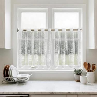 Imagem de Saia de renda transparente – cortina curta para janela, 1 painel, 152 cm L x 45 cm C, planta branca