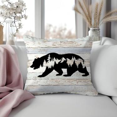 Imagem de Capas de almofada de acampamento com urso florestal 45,7 x 45,7 cm, decoração de cabana de madeira, rústico, animal, urso, caça, para casa, casa, lago, trailer, acampamento, trailer, decoração