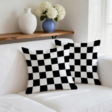 Imagem de 2 peças de capas de almofada xadrez preto e branco para fazenda, clássica, decorativa, externa, quadrada, para decoração de dia das bruxas, dia de Ação de Graças, sofá