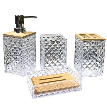 Imagem de Kit para Banheiro Lavabo Dispenser de Sabonete 320ml em PS e Bambu 4 Peças