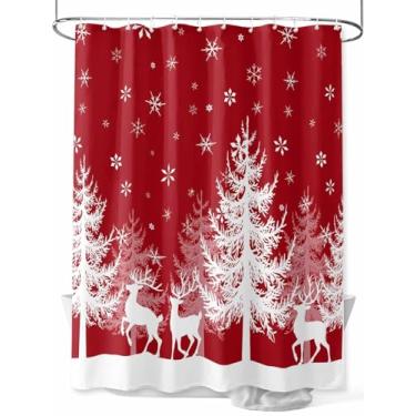 Imagem de Cortina de chuveiro de floco de neve de Natal vermelha, silhueta retrô de veado branco, impermeável, lavável, conjunto de cortinas de banheiro para decoração de banheiro, 182 x 182 cm de comprimento,