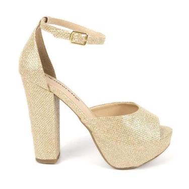 Imagem de Sandália Meia Pata Salto Grosso Tira Fina Tornozelo - Senhorella, Dour