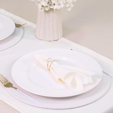 Imagem de Kit Mesa Posta Premium, 7 Peças para 2 Lugares, Caminho de Mesa 130x40cm, Sousplat MDF, Guardanapo Oxford Branco, Anel Pérola Dourado (Palha e Dourado)