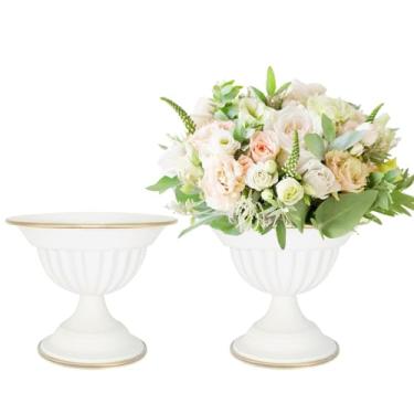 Imagem de AZXTOPSEZ Vasos de flores brancas para centros de mesa: tigela de compota de casamento, vaso de urna pequena de 5,1 polegadas, vaso de pedestal de metal para mesa, festa, evento, casa, conjunto de 2