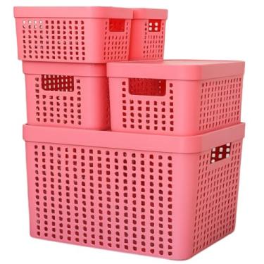 Imagem de Caixa Organizadora, Kit 5 Caixas Organizadoras com Tampa Cesto Grande de Plástico 2 Litros 4,5 Litros 17 Litros(Rosa)