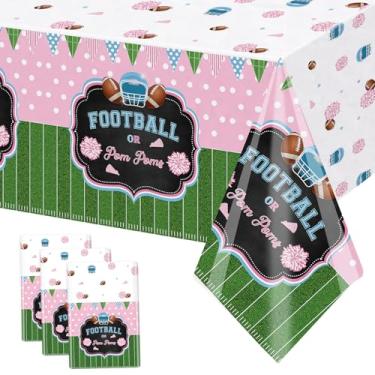 Imagem de MEHOFOND Pacote com 3 toalhas de mesa de futebol reveladoras de gênero, 274 x 137 cm, pompons de futebol descartáveis, decoração de festa de plástico para meninos ou meninas, decoração de mesa de chá