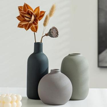 Imagem de Conjunto de 3 vasos de cerâmica pequenos modernos minimalistas para decoração de casa - vasos de flores estéticos Boho para mesa, prateleira e mesa, manto, estante de livros (bonito e versátil