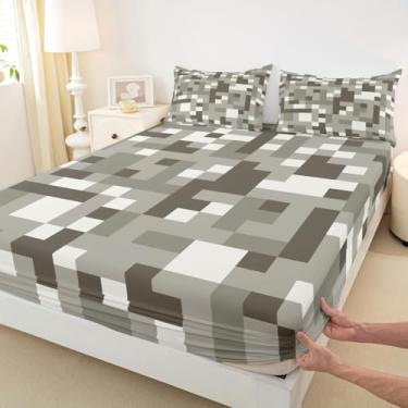 Imagem de Jogo de lençol infantil casal xadrez Miner Pixel, decoração de quarto de videogame, quadriculado geométrico, para meninos e meninas, cinza e branco, 2 fronhas (não planas)
