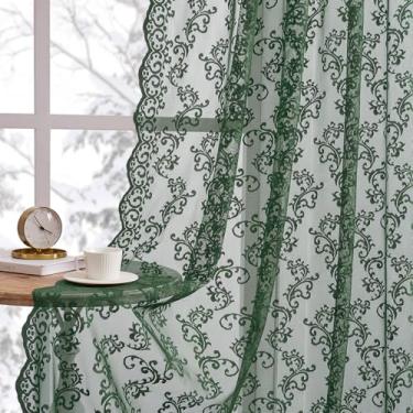 Imagem de Cortinas de renda verde escuro 182 cm de comprimento, 2 painéis, vintage, cortinas de renda transparente para sala de estar, quarto, bolso de varão, filtragem de luz, janela romântica, decoração de