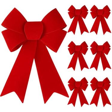Imagem de Sggvecsy 6 peças de laço vermelho de Natal 30 x 23 cm laços de guirlanda laços de veludo de Natal grandes decorações de árvore de natal enfeites de pendurar PVC artesanato artesanal para casa