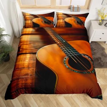 Imagem de Feelyou Capa de edredom de guitarra, tamanho Queen, meninos, meninas, vintage, música, guitarra, conjunto de cama para crianças, mulheres, homens, capa de edredom de música rock macio, capa de edredom
