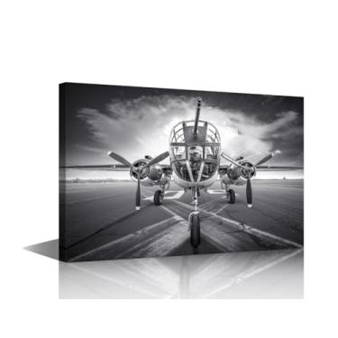 Imagem de TUMOVO Arte de parede em tela de aeronaves militares para sala de estar bombardeiro decoração de casa pôster preto e branco impressões em tela 1 painel decorações de parede para quarto banheiro