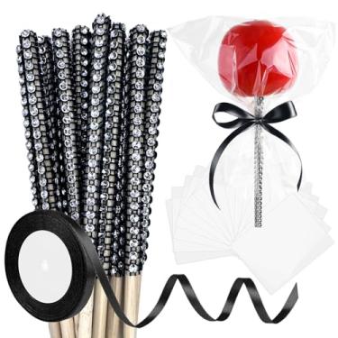 Imagem de ASTARON Pacote com 24 palitos e sacos de maçã com glitter, kit de palitos de bolo incluindo palitos de maçã caramelo com fita e sacos de embalagem de maçã de chocolate para suprimentos de festa (preto