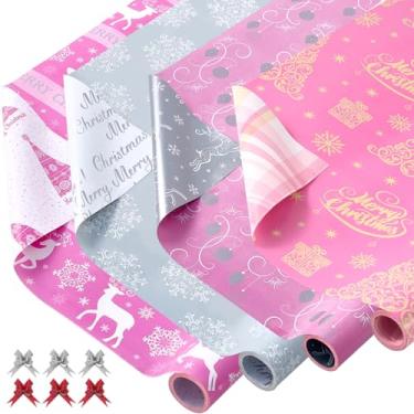 Imagem de EWES Conjunto de 4 rolos de papel de embrulho de Natal rosa, estético elegante, resistente, premium, princesa, feminino, estampa fofa com rena, floco de neve, árvore de Natal, prata reversível, total