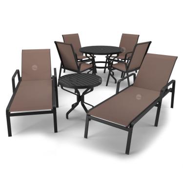 Imagem de Kit Espreguiçadeira Cadeira Mesa Alumínio Preto Tela Marrom