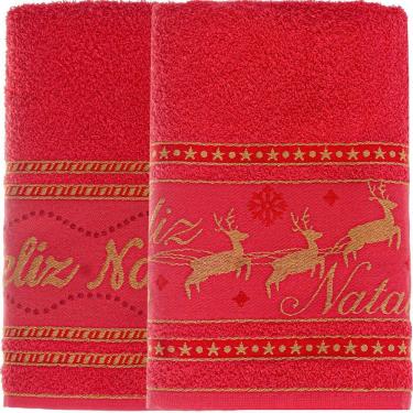 Imagem de Kit 10 Toalha De Rosto Feliz Natal 90% Algodão 400g-m² 45x68cm Bene Casa Vermelho