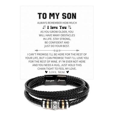 Imagem de Pulseira To My Son, presente para aniversário do meu filho com cartão de mensagem e caixa de presente., To My Son Bracelet, Couro, Sem Pedra Preciosa