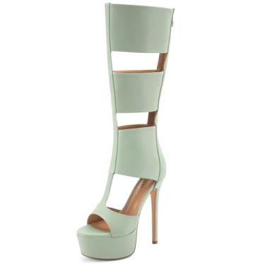 Imagem de Perisis Sandálias gladiadoras plataforma até o joelho para mulheres sexy aberto peep toe salto alto stiletto moda verão vestido festa dança botas com zíper, Poliuretano verde sálvia, 35