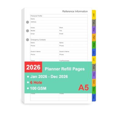 Imagem de Tiankool Refil de agenda 2026 para fichário A5 de 6 anéis, inserções semanais e mensais de janeiro de 2026 a dezembro de 2026, 14 x 21 cm