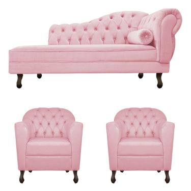 Imagem de Kit Diva Recamier Diana 140cm Lado Esquerdo e 02 Poltronas Julia Suede Rosa Bebê